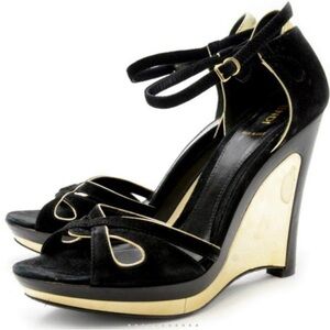 Fendi Black Metallic Suede Wedge Sandals